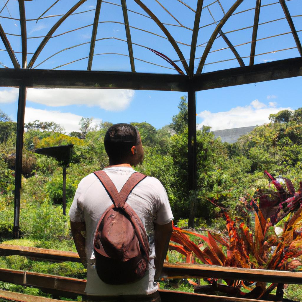 Person enjoying botanical garden scenery